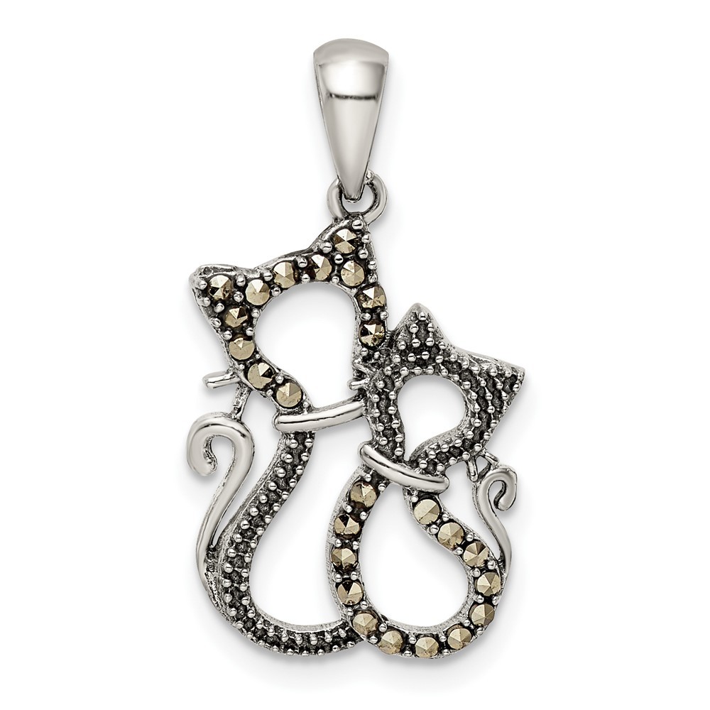 925 Sterling Silver Antiqued Polished Marcasite Cats Pendant gift for cat lovers